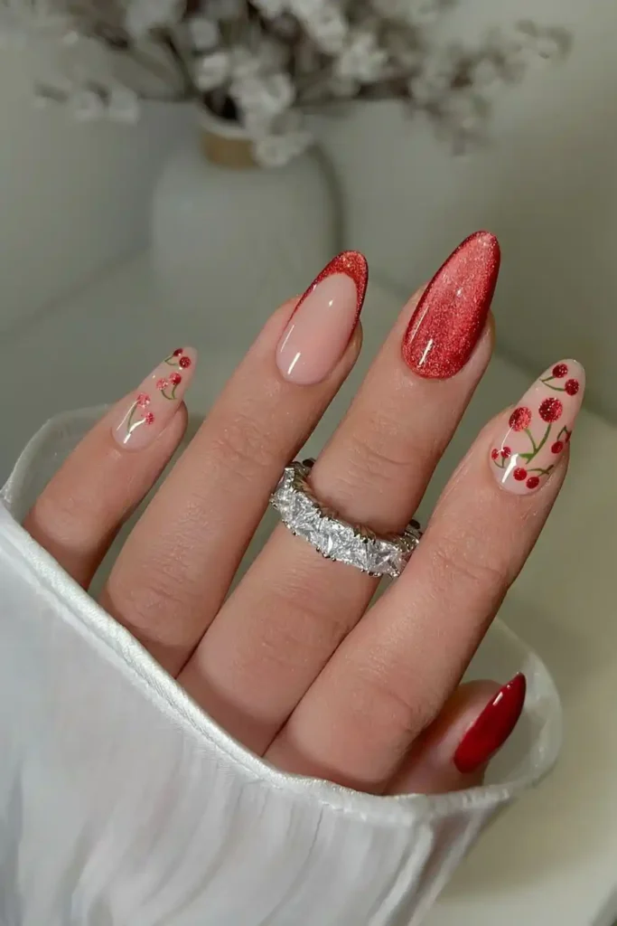 Red Velvet Nails With Cherry Art That Make a Bold Statement