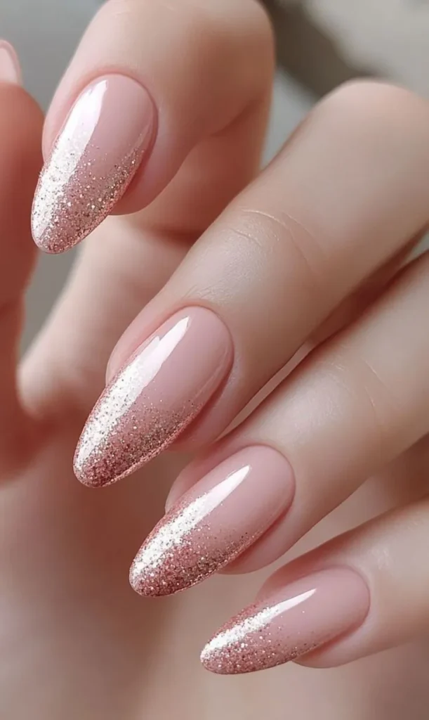 Rose Gold Glitter Ombre Nails With Soft Sparkle Gradient
