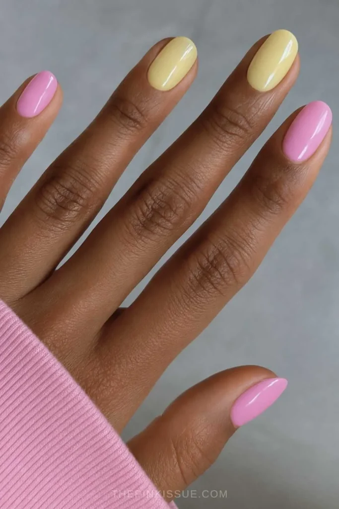 Round Pink and Yellow Manicure for a Bright Cheerful Look