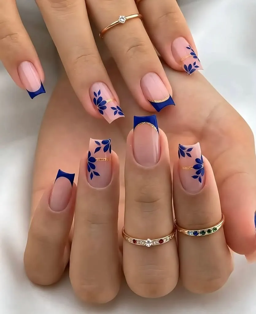 Royal Blue French Tip Nails With Floral Gold Accent Details