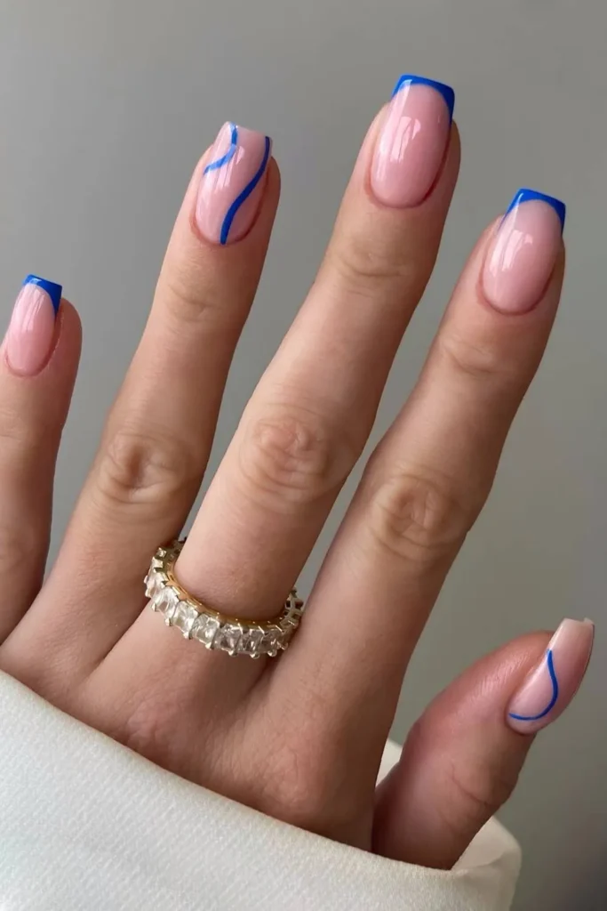 Royal Blue French Nails With Line Art That Feel Modern and Elegant