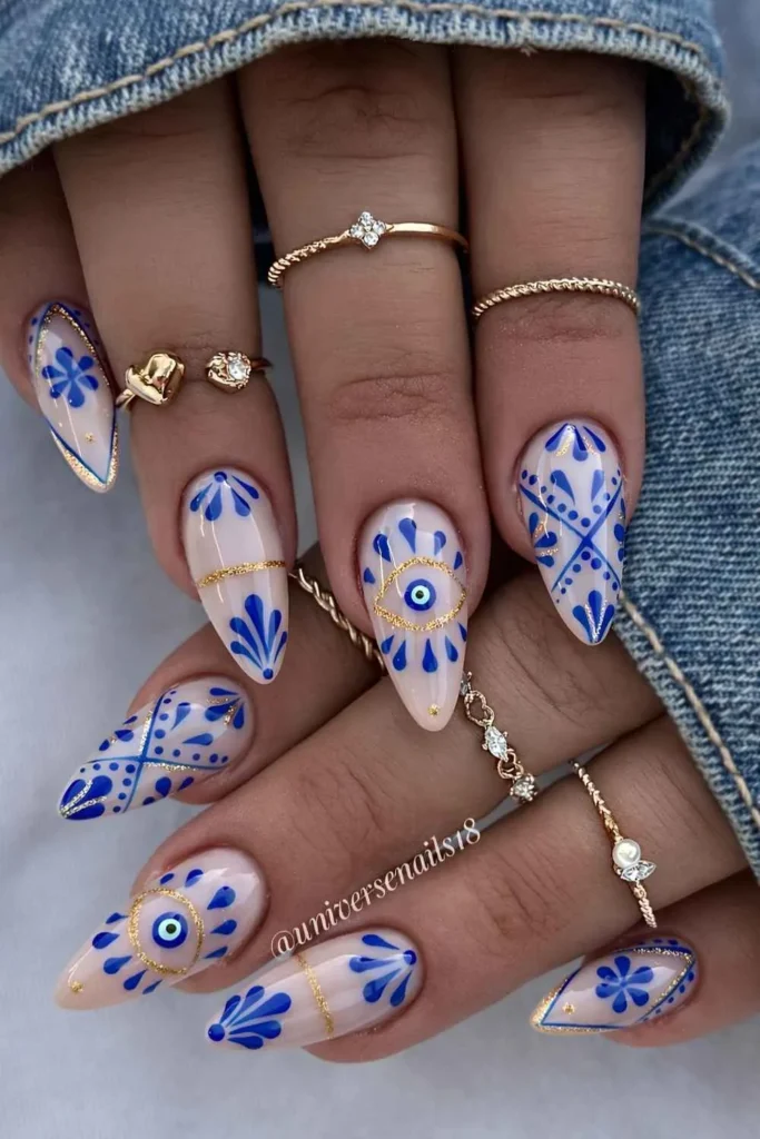 Royal Blue and White Evil Eye Nails for a Bold Protective Style