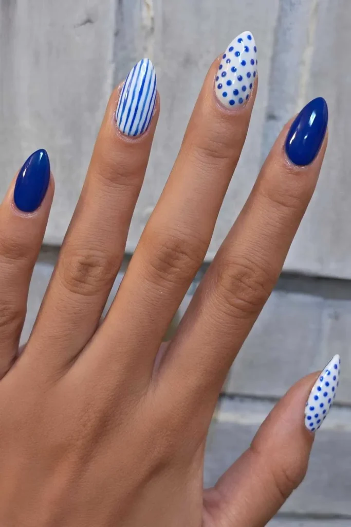 Royal Blue Mani With Stripes and Polka Dots for a Fun Modern Look