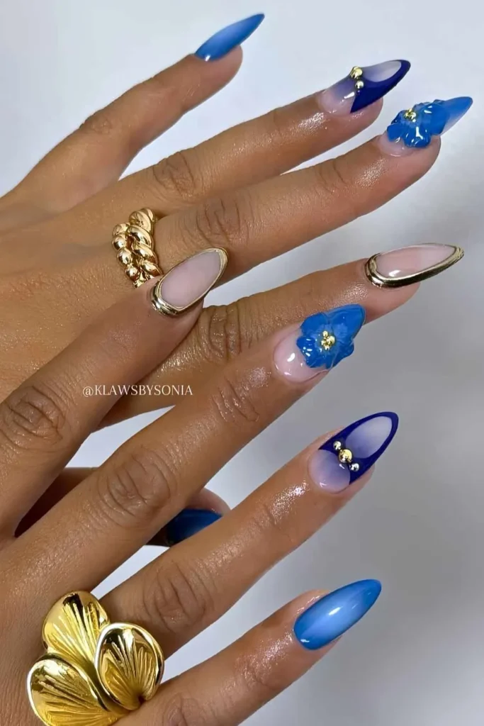 Royal Blue Nails With 3D Flowers and Gold Details That Make a Statement