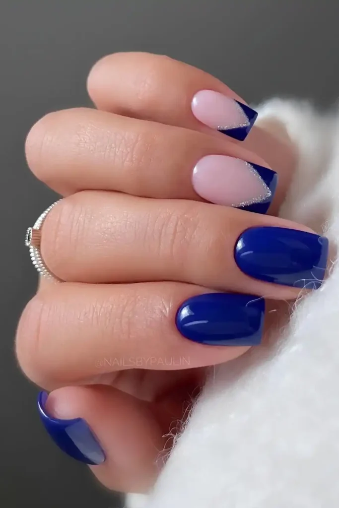 Royal Blue Nails With Accent Silver Glitter That Sparkle Beautifully
