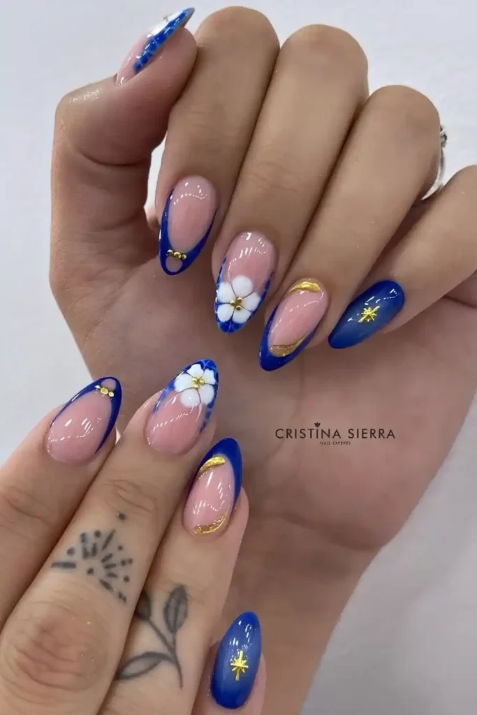 Royal Blue Nails With Gold and Floral Details That Feel Luxurious