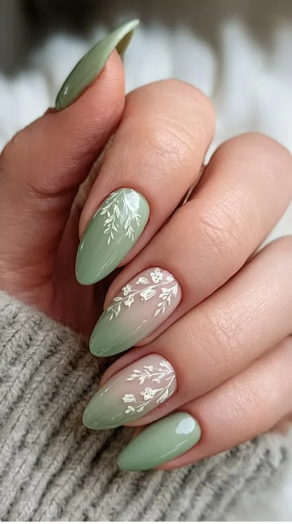 Sage Green Almond Nails With White Botanicals That Feel Elegant