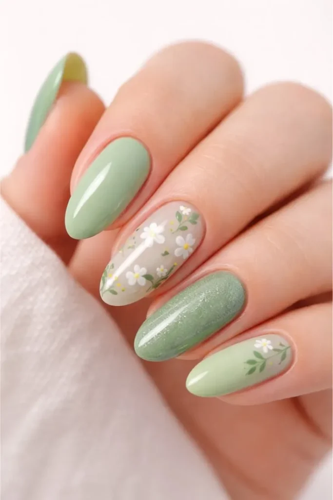 Sage Green Daisy Nails With Soft Shimmer and Floral Art That Feel Fresh and Feminine