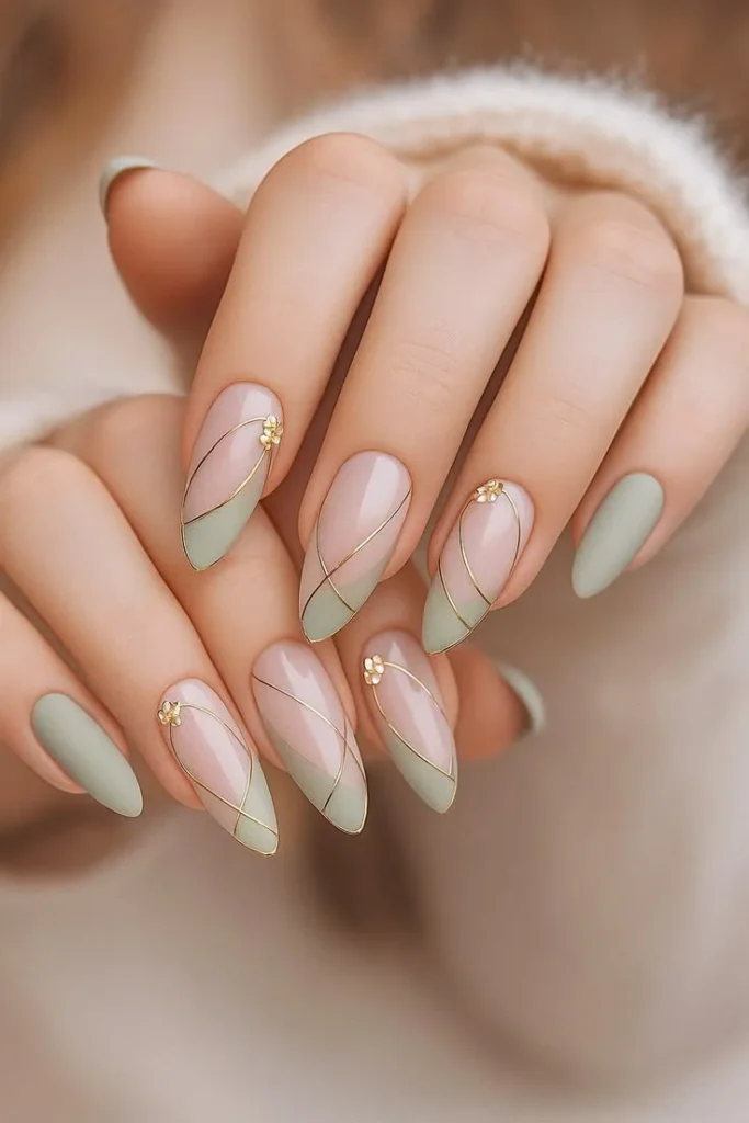 Sage Green French Nails With Elegant Gold Outline Details That Feel Luxurious