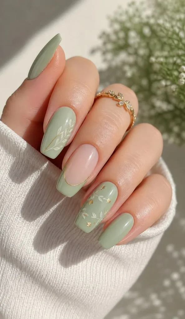 Sage Green Nails With Delicate Floral Gold Foil Accents for a Luxurious Touch