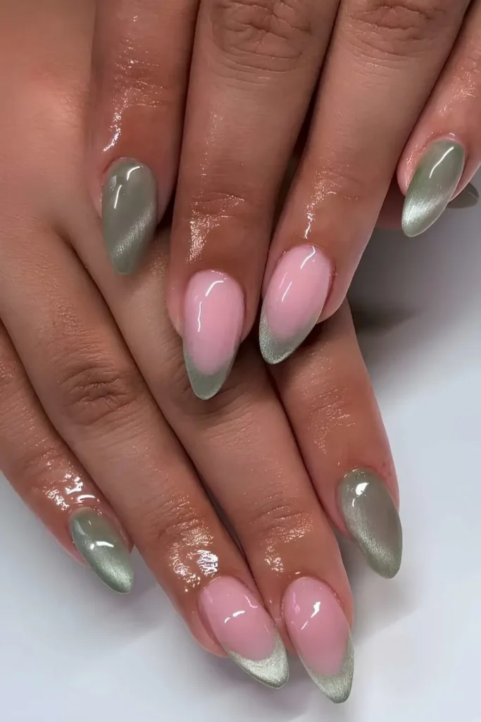 Sage Green Cat Eye Manicure With a Stunning Magnetic Finish