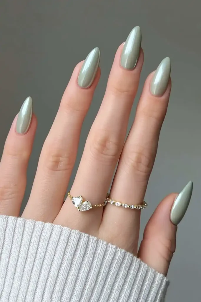 Sage Green Chrome Effect Manicure With a Stunning Mirror Finish