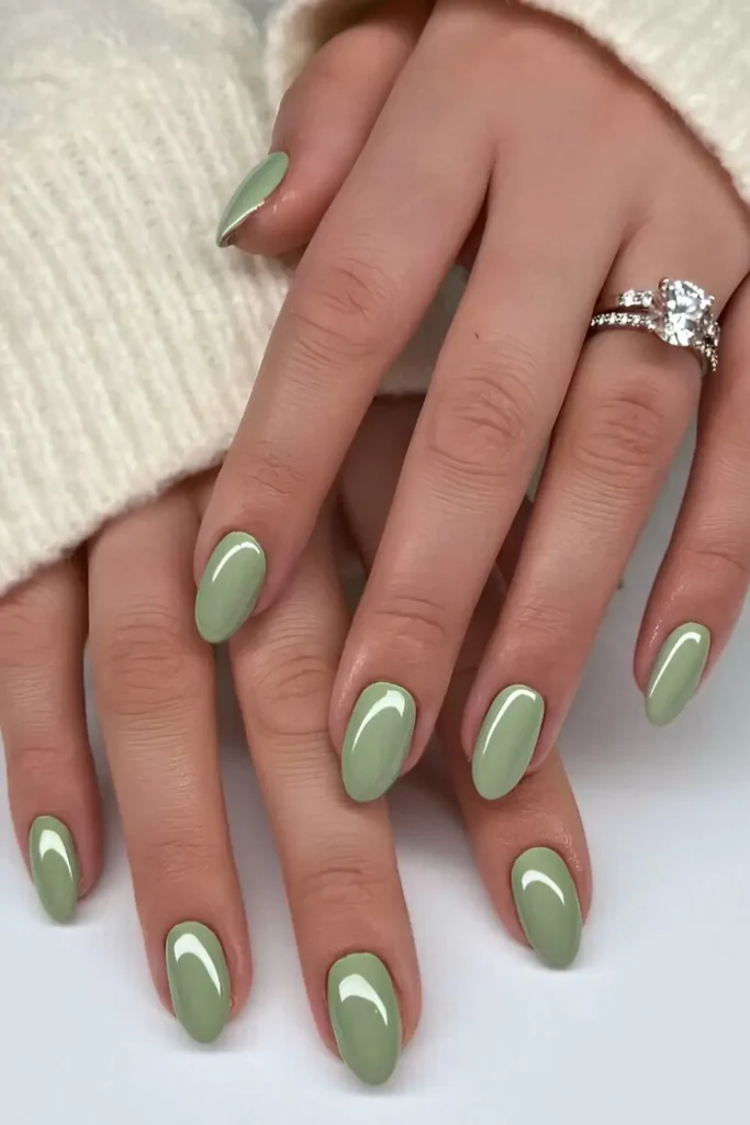 Sage Green Chrome Effect Nails With a Glossy Mirror Shine