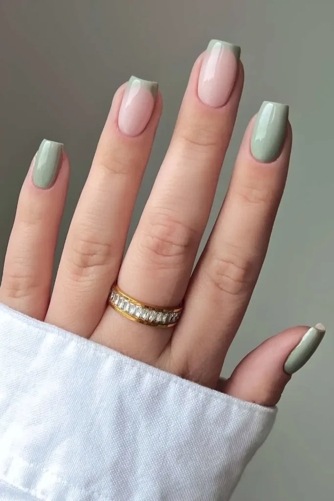Sage Green Mani With Accent French Tips for a Chic Timeless Style