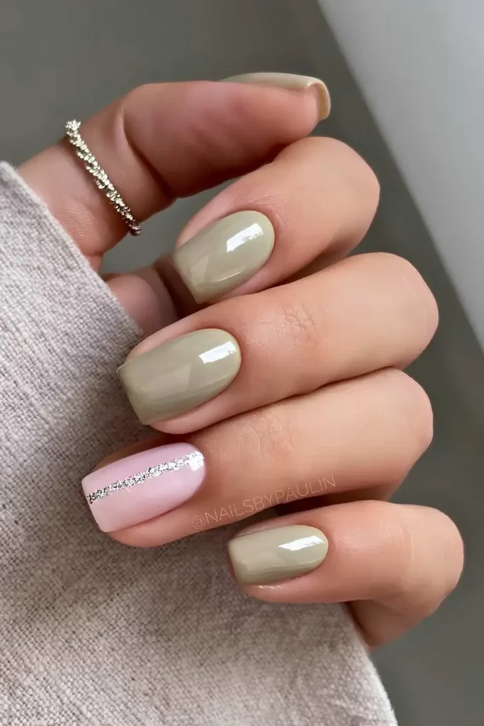 Sage Green Mani With Silver Glitter Accent That Sparkles Beautifully