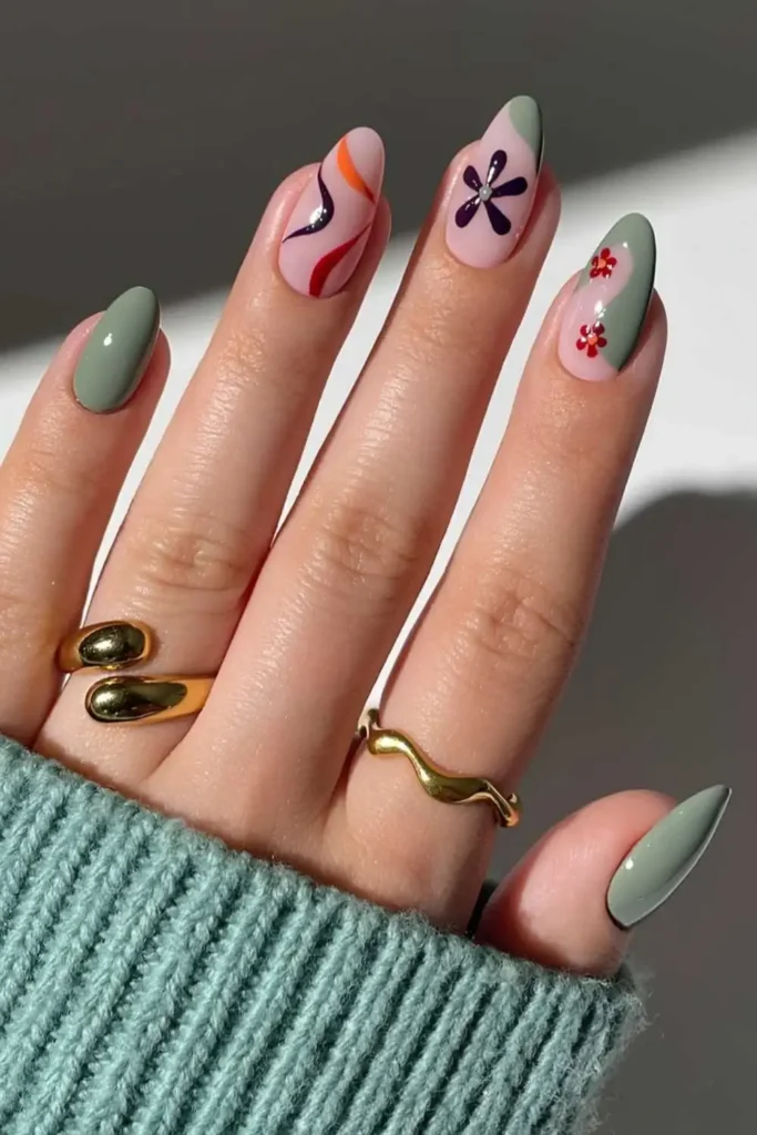 Sage Green Nails With Floral and Abstract Art That Feel Fresh and Artistic