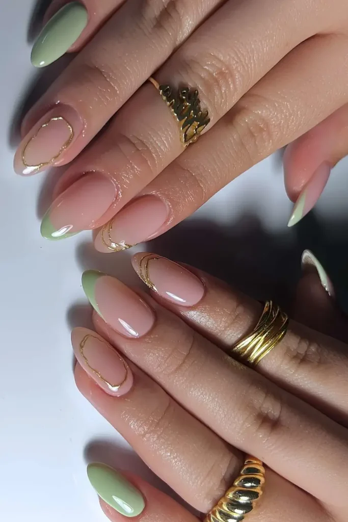 Sage Green Nails With Gold Detailing That Looks Rich and Sophisticated