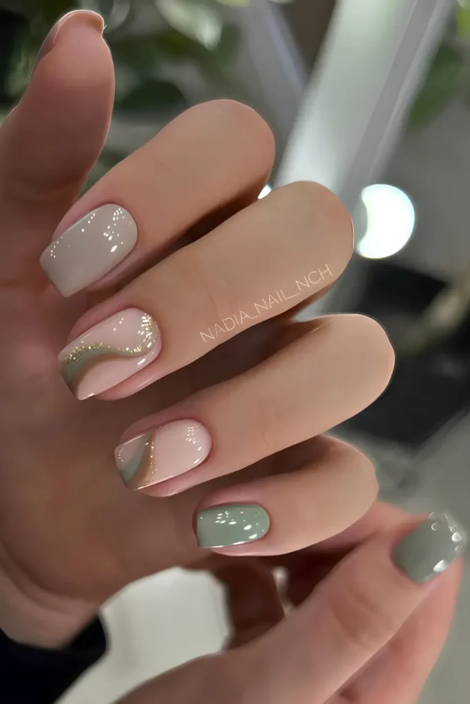 Sage Green Nails With Swirl Art for a Stylish Artistic Look