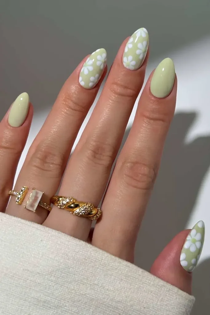Sage Green Nails With White Florals for a Soft Feminine Look