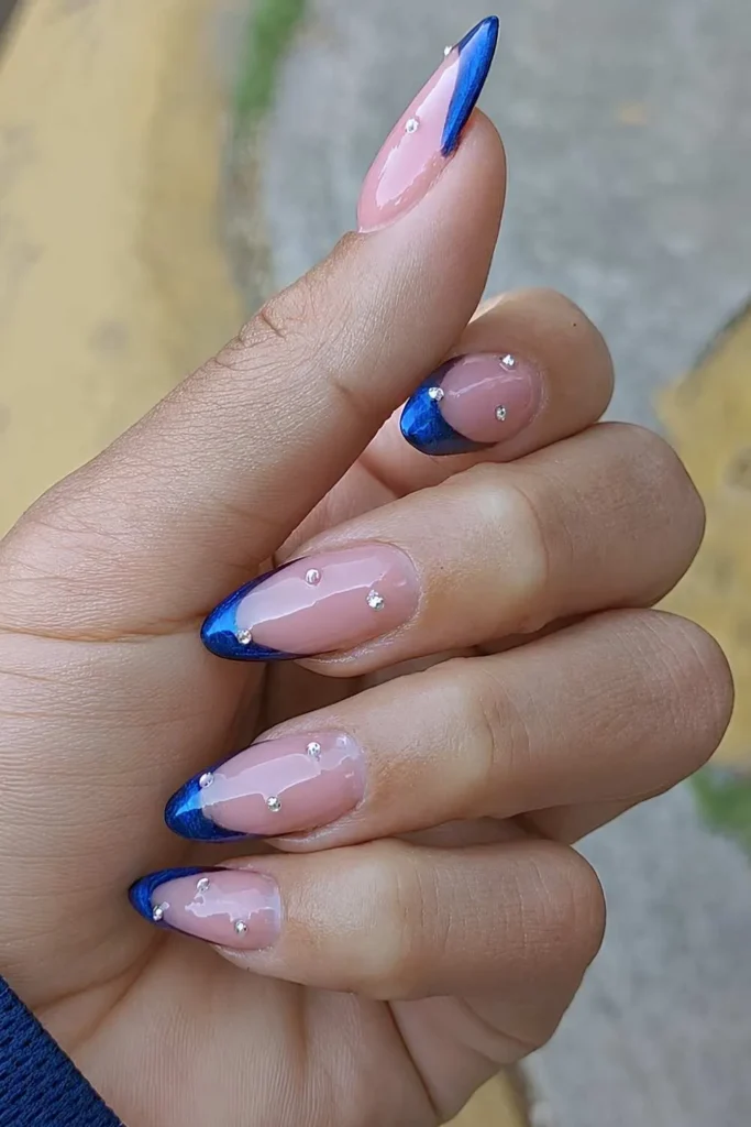 Sapphire Blue French Mani With Micro Gems That Sparkle Beautifully