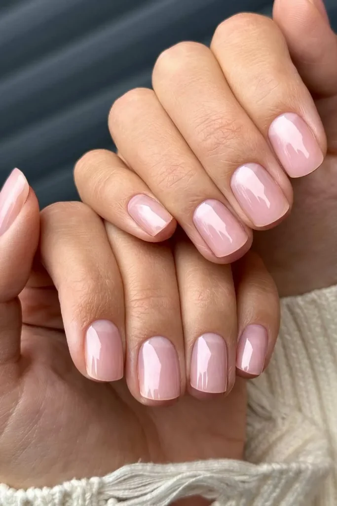 Sheer and Glossy Pink Mani With Half Moons
