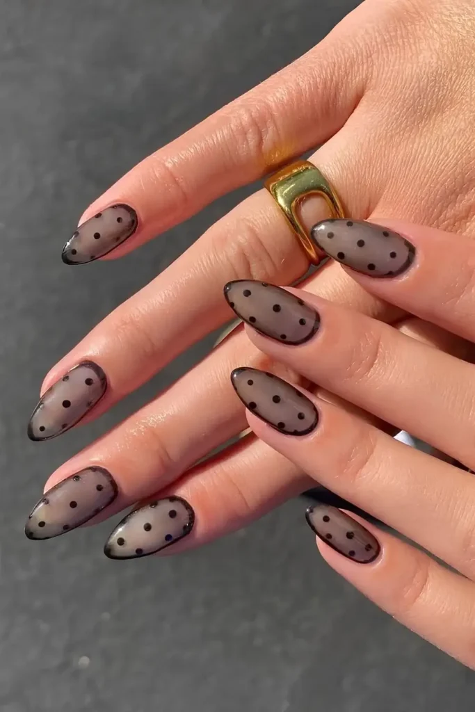 Sheer Black Nails With Micro Dots for a Chic Style