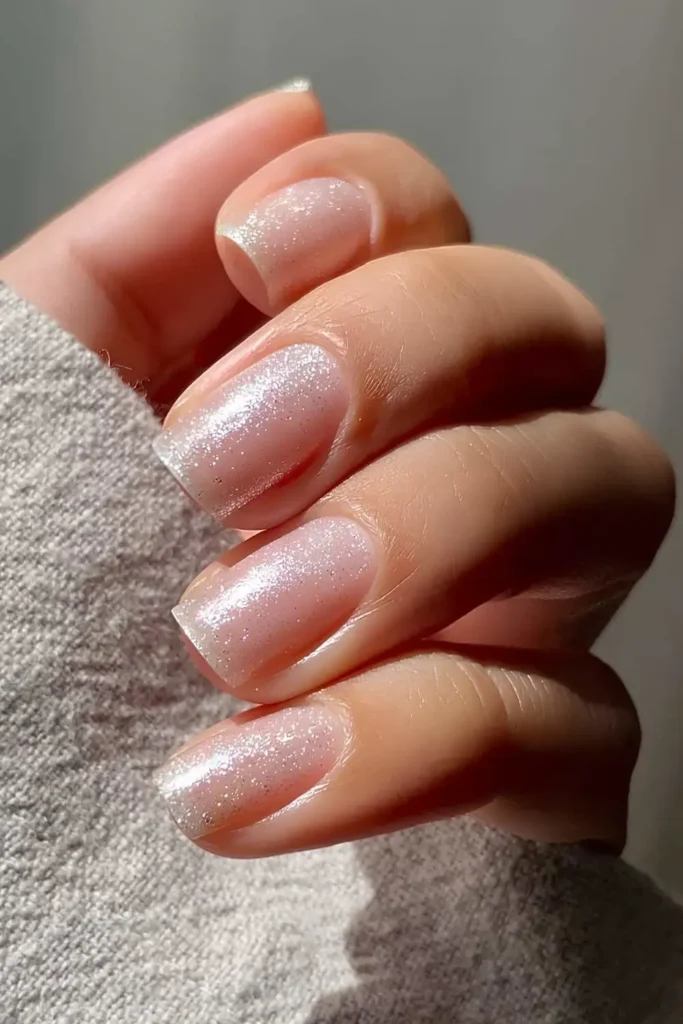 Sheer Glittery Manicure for a Soft Glam Look