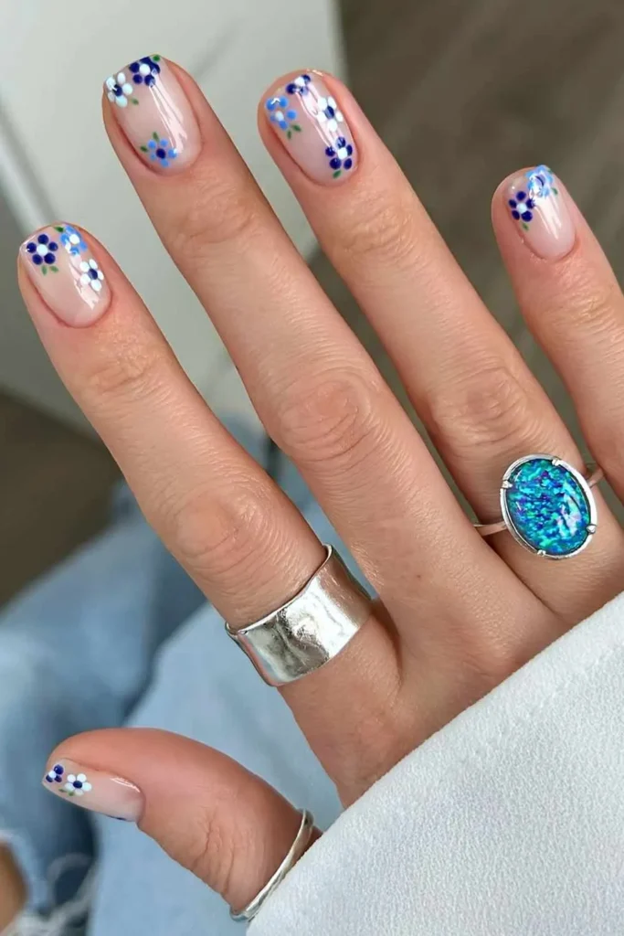 Sheer Mani With Blue Micro Florals for a Delicate Finish
