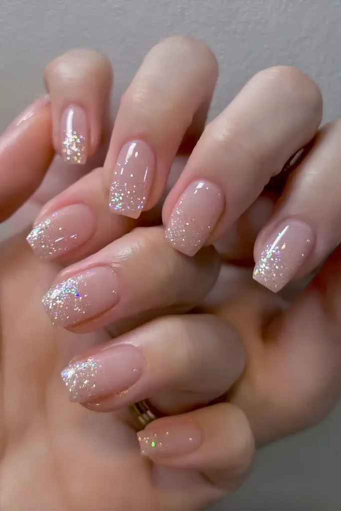 Sheer Nails With Glitter Ombre That Shines Beautifully