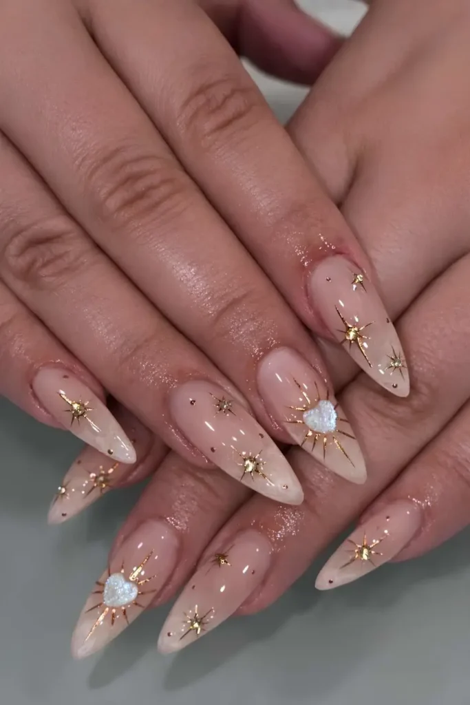 Sheer Nails With Gold Celestial Art and Gems That Feel Magical