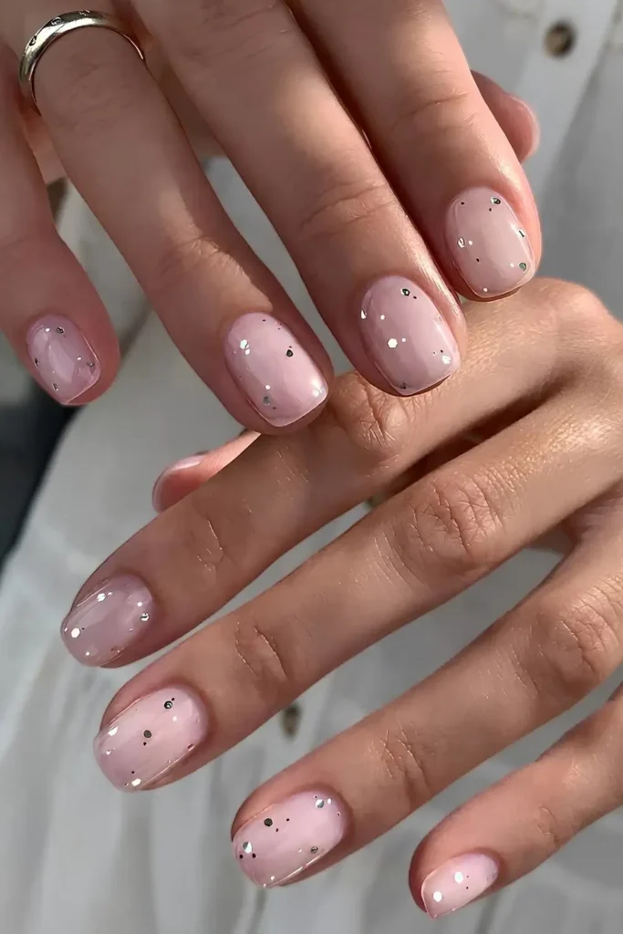 Sheer Pink Nails With Accent Glitter Specks for a Delicate Look