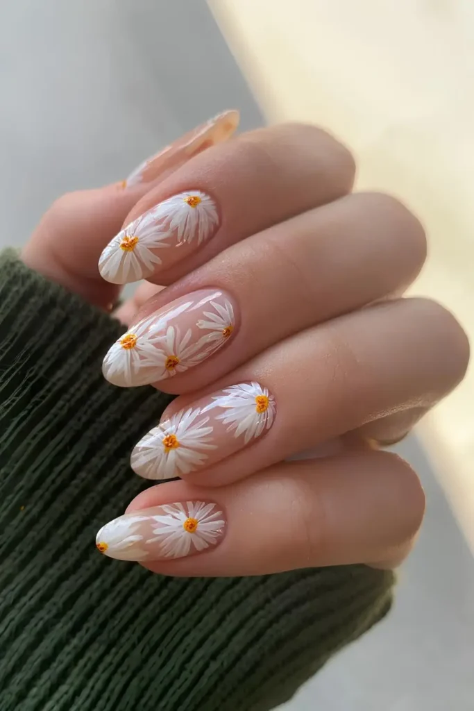 Sheer Pink Nails With White Daisy Art That Feels Fresh and Delicate
