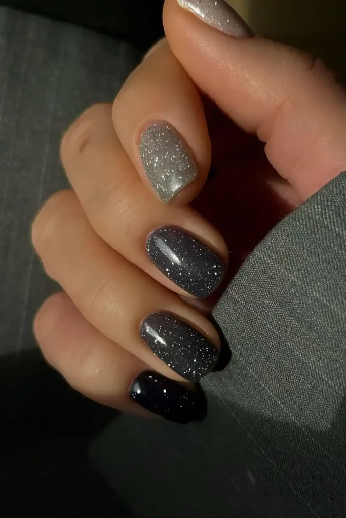 Shimmery Gray Gradient Nails With a Soft Glam Finish