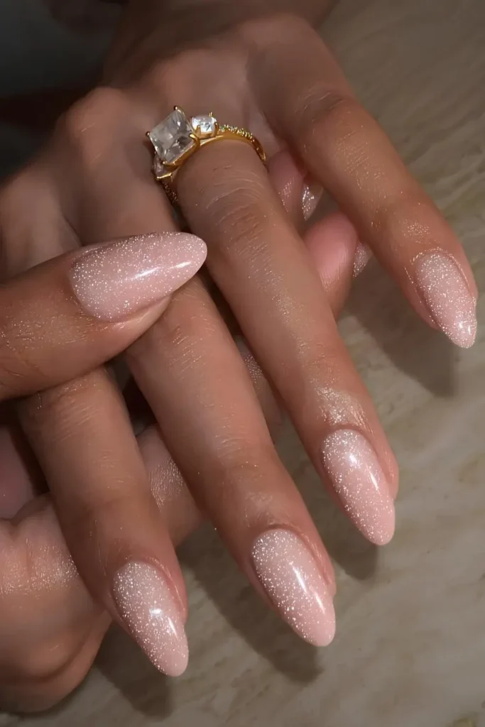 Shimmery Neutral Almond Nails for an Elegant Look