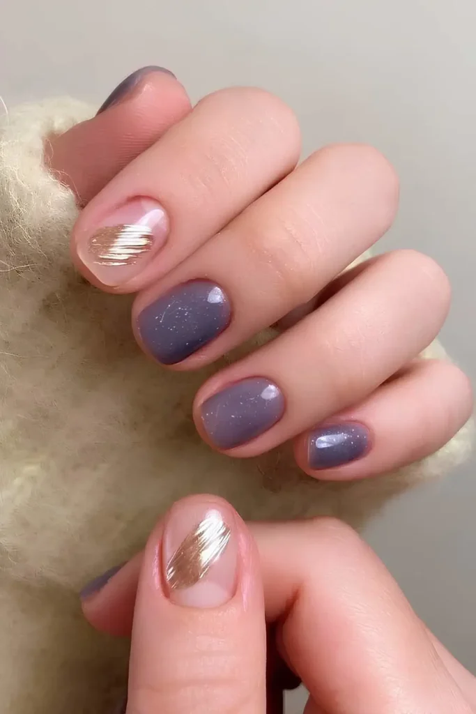 Shimmery Purple Nails With Gold Accents for a Luxe Finish