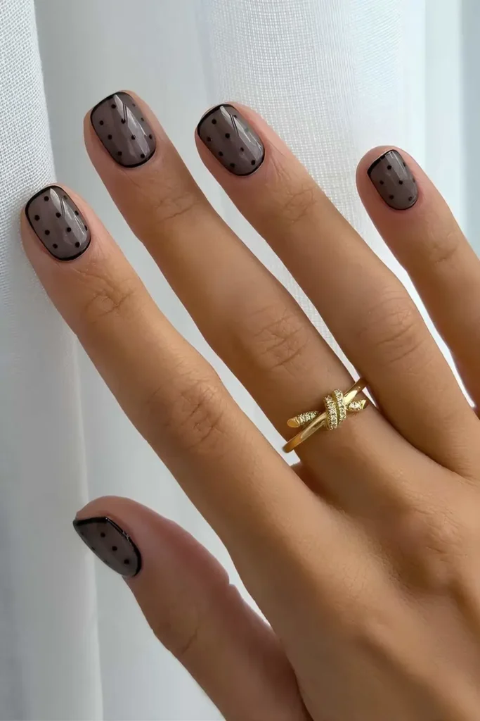 Short and Sheer Black Nails With Polka Dots for a Chic Minimal Style