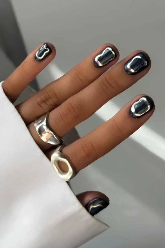 Short Black Nails With Silver Chrome Details for a Chic Look