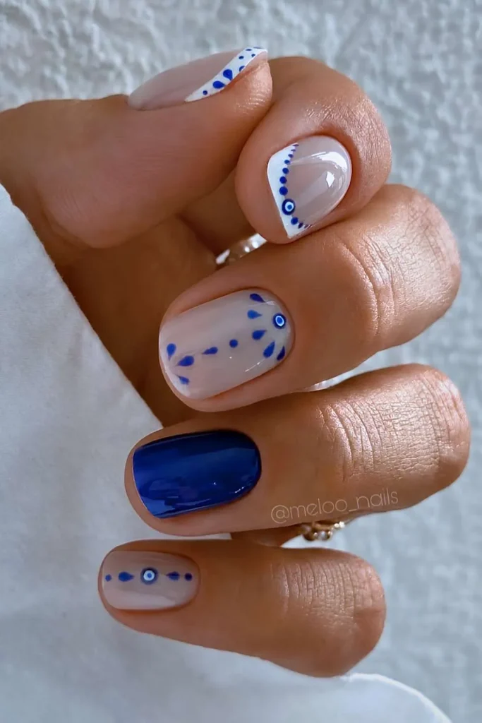 Short Blue and White Evil Eye Nails for a Chic Protective Style