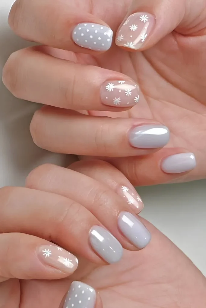 Short Blue Nails With Dots and Micro Flowers That Feel Cute and Chic