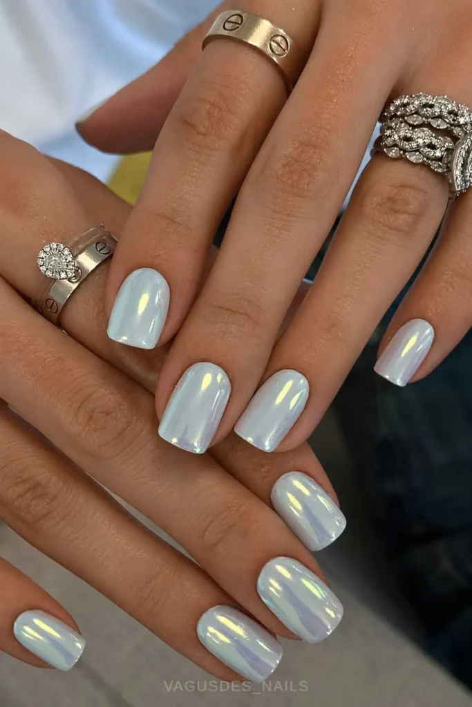 Short Blue Summer Chrome Nails That Shine Beautifully