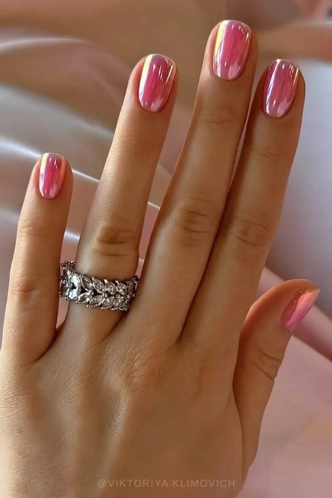 Short Bubblegum Pink Chrome Mani With a Glossy Mirror Finish