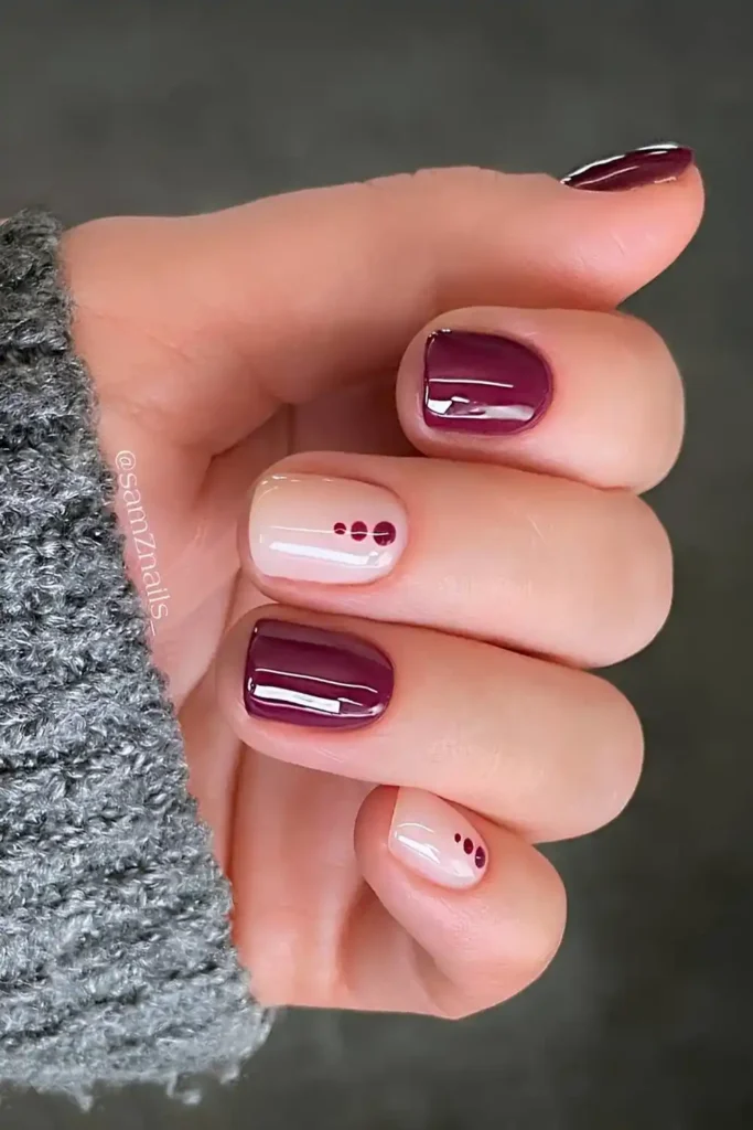 Short Burgundy Mani With Dot Accents for a Chic Minimal Look