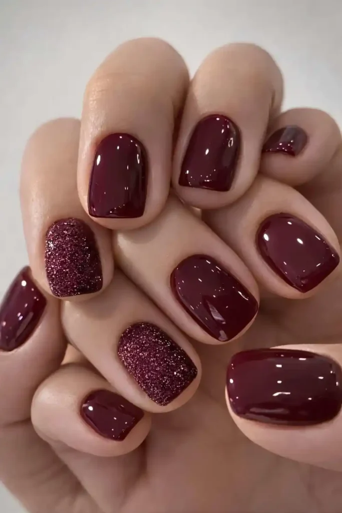 Short Cherry Mocha Nails With Glitter That Shine Beautifully