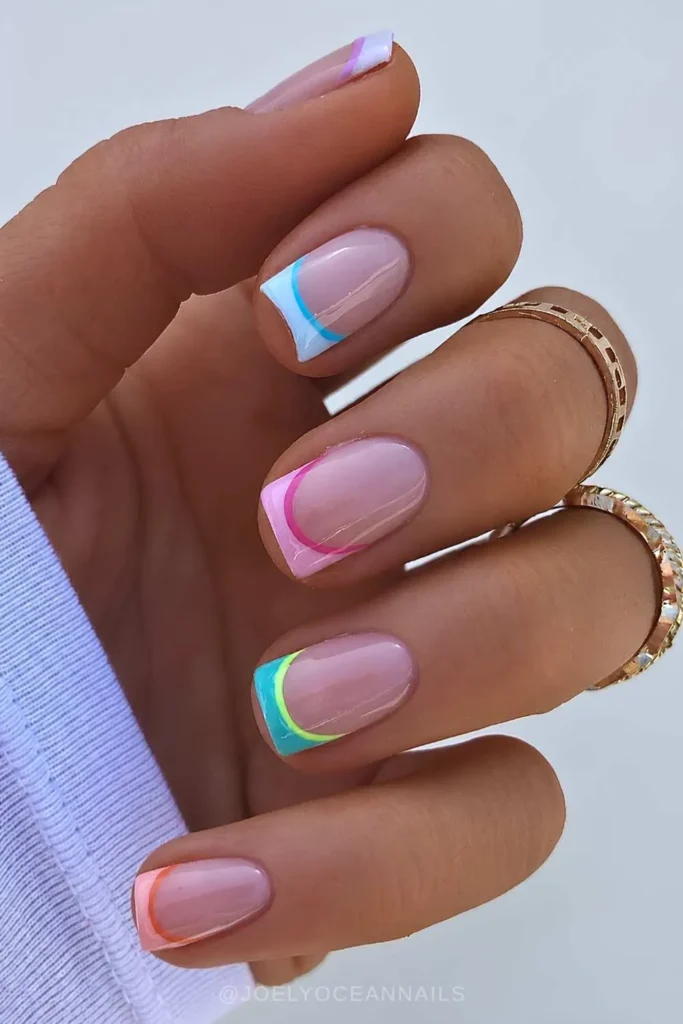 Short Colorful Outlined French Manicure With a Modern Artistic Twist