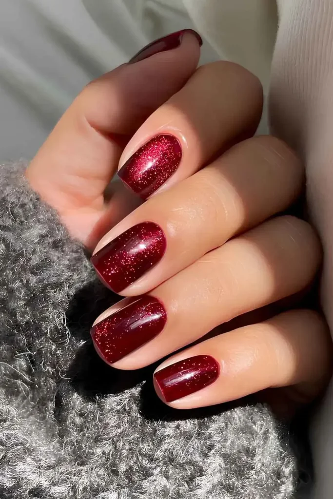 Short Deep Red Velvet Nails for a Rich Elegant Look
