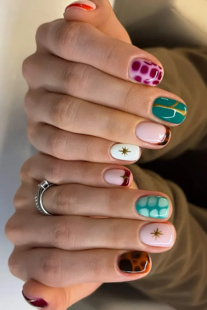 Short Mismatched Nails With Animal Print That Make a Bold Statement