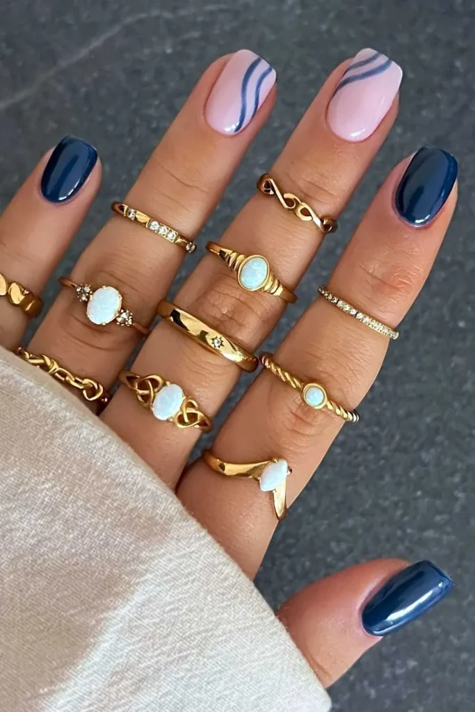Short Navy Blue Nails With Accent Line Art for a Chic Minimal Style