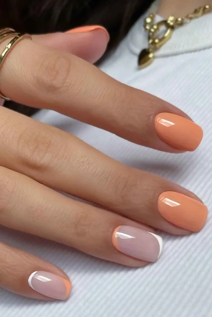Short Peach Mani With Negative Space Design for a Trendy Twist