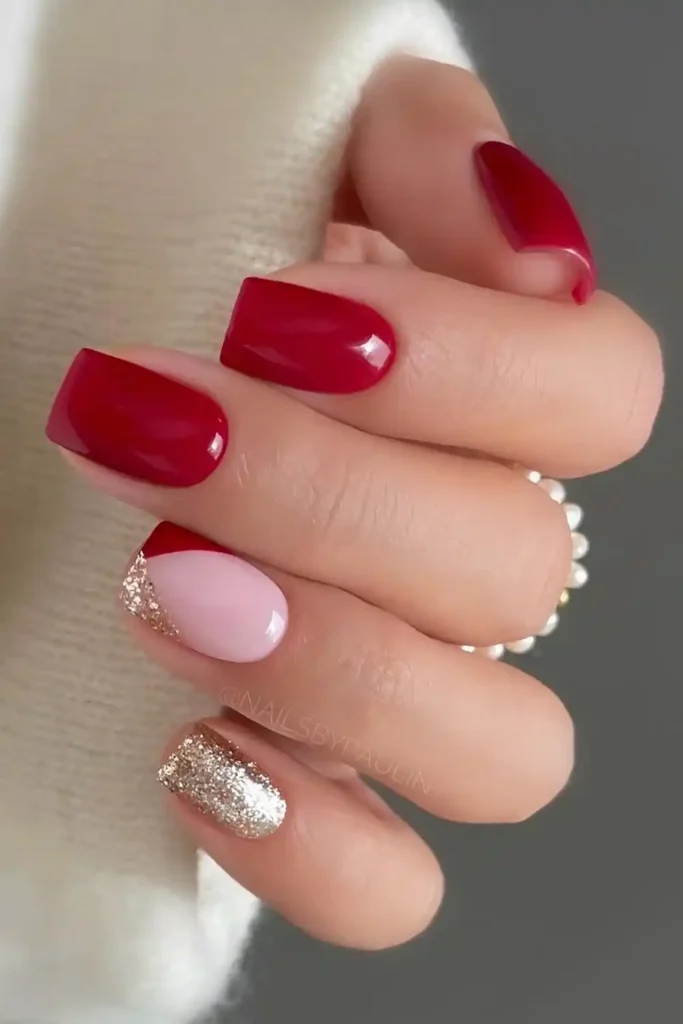 Short Red Nails With Gold Glitter Details That Add Instant Sparkle