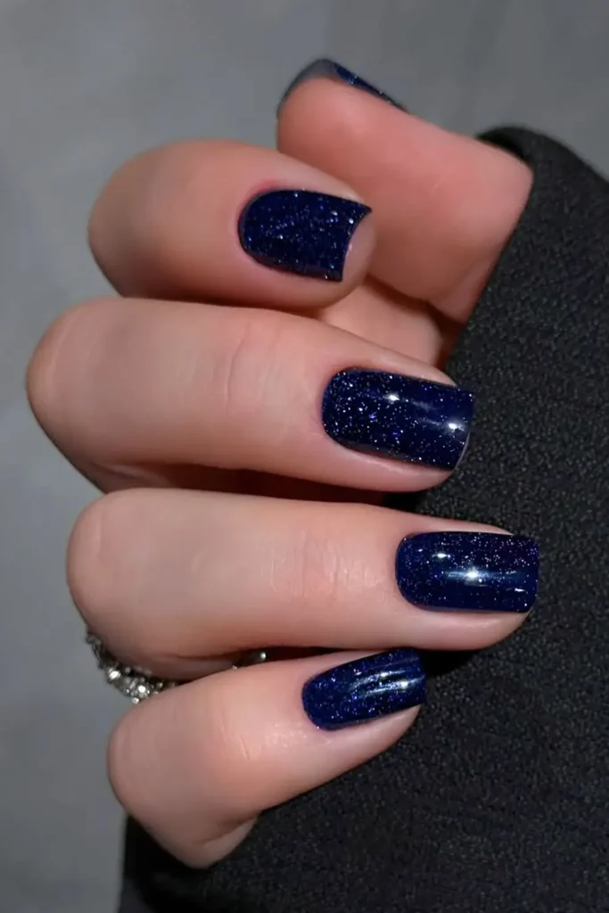 Short Shimmery Navy Blue Nails That Shine Beautifully